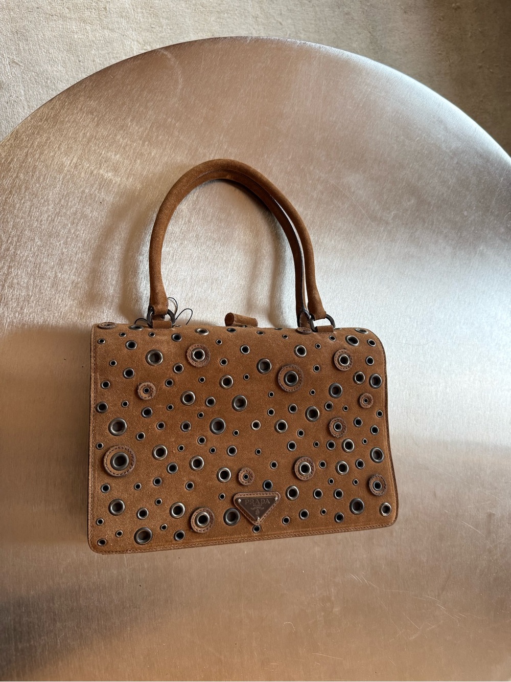 PRADA BROWN SUEDE GROMMET FRAME SATCHEL